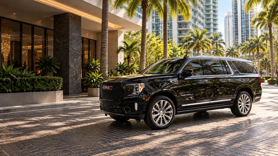 Our black GMC Yukon XL Denali in Miami, surrounded by palms
